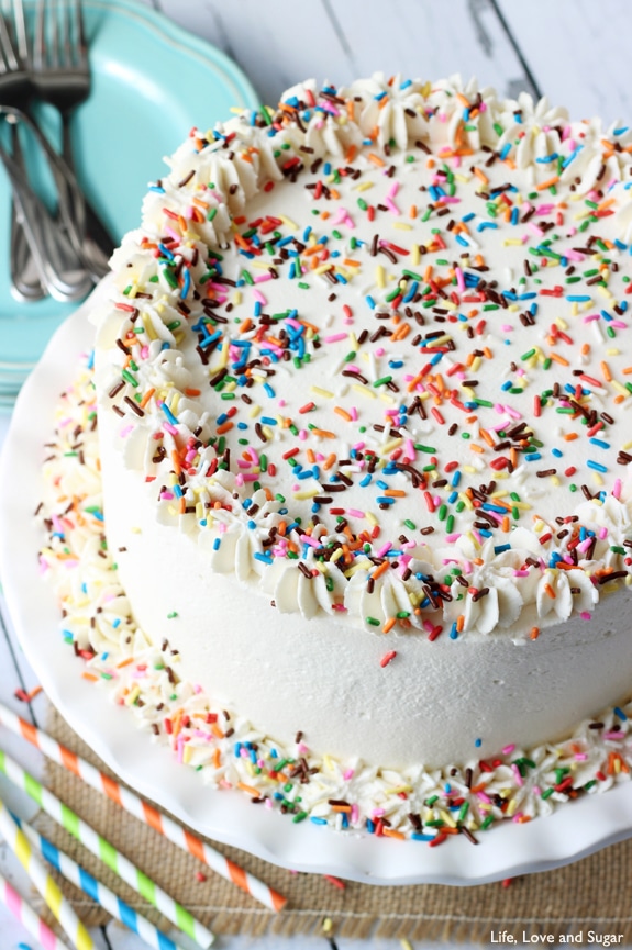 Funfetti Millionaire Cake - A layer of Funfetti cheesecake, Funfetti cake, and Funfetti mousse! 