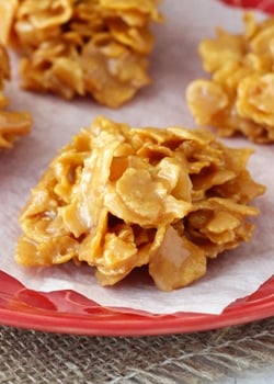 Soft and Chewy Caramel Clusters on red plate close up