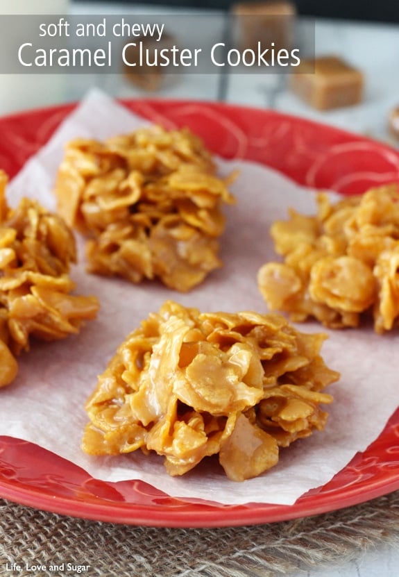 close up image of Easy Caramel Cluster Cookies on a red plate