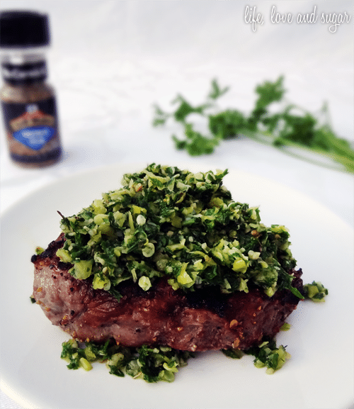 steak topped with chimichurri