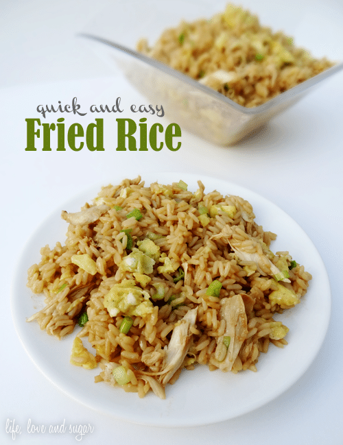 quick and easy chicken fried rice on white plate