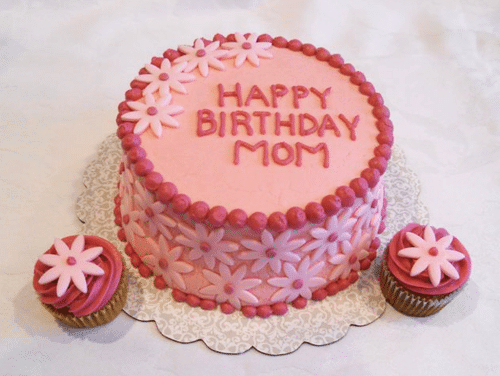 My Mom's Pink, Flowery 59th Birthday Cake with Two Matching Cupcakes