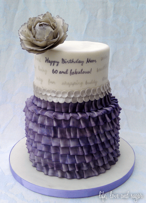 My Mom's Purple and White 60th Birthday Cake on a Purple and White Cake Stand