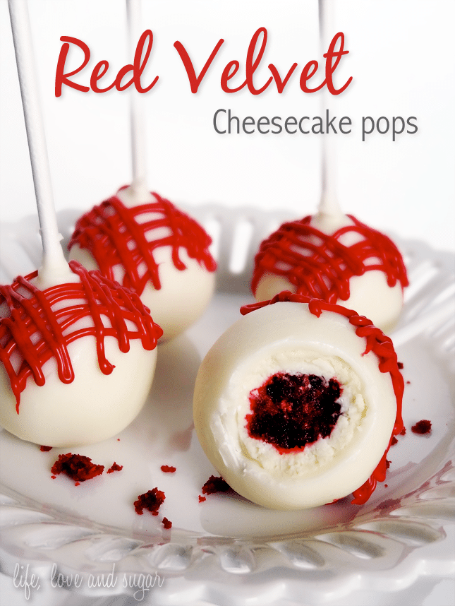 Four Red Velvet Cheesecake Pops on a white plate