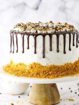 close up of whole cake on cake stand - white marshmallow frosting, graham crumbs around bottom and chocolate ganache drip with toasted marshmallows on top
