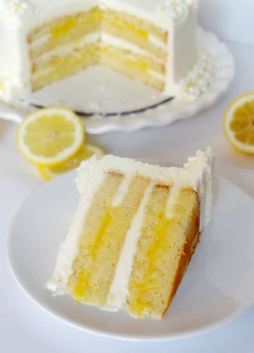 slice of easy Triple Lemon Cake on white plate