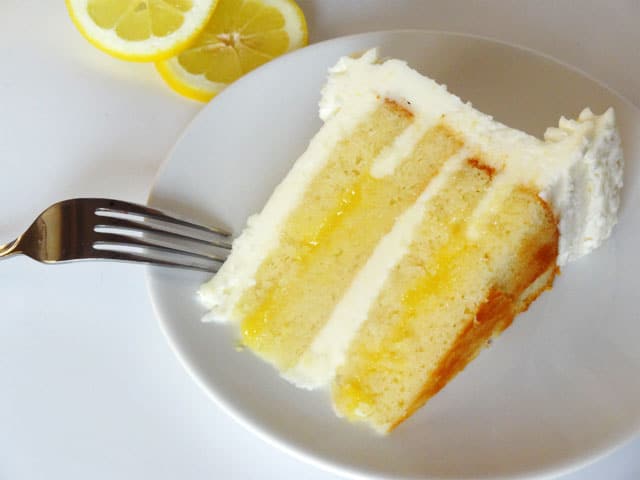 close up image of triple lemon cake slice