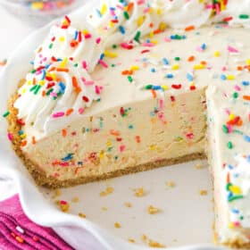 cake batter ice cream pie with a slice removed