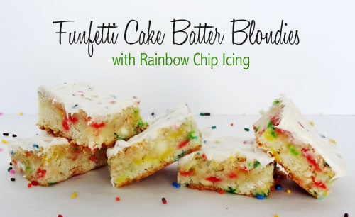 Five Funfetti Cake Batter Blondies piled together with words above them