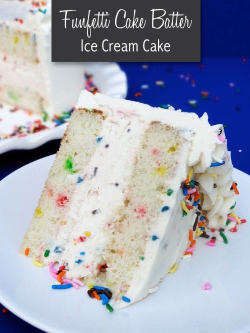 Close up of a slice of Funfetti Ice Cream Cake on white plate 