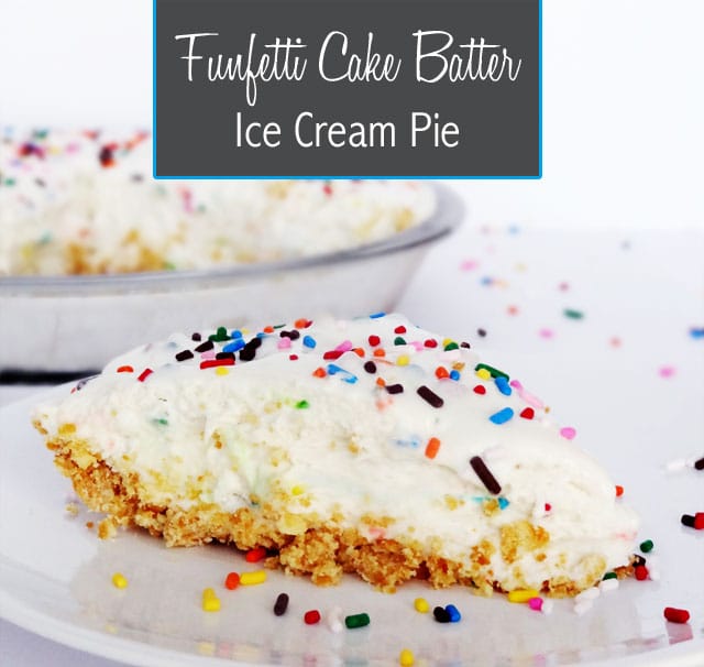A slice of Funfetti Cake Batter Ice Cream Pie close up on a white plate