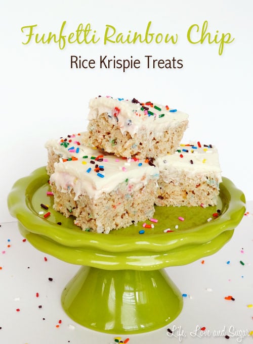 image of stack of Funfetti Cake Batter Rice Krispie Treats with Rainbow Chip Icing on green cake stand