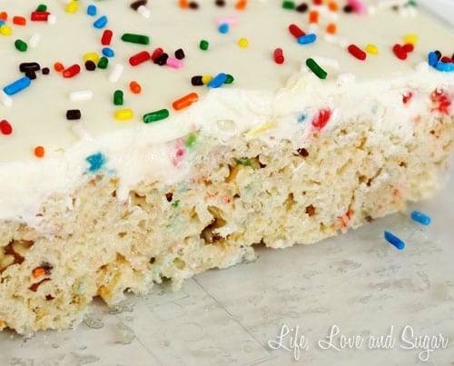 side view of Funfetti Rainbow Chip Rice Krispie Treats