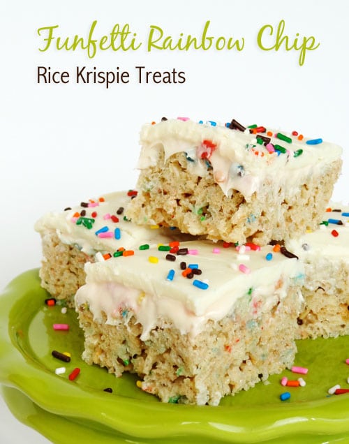 Funfetti cake batter with rainbow chip rice krispie treats