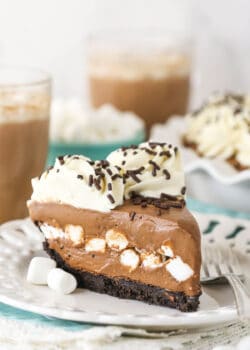 slice of Baileys Hot Chocolate Ice Cream Pie on white plate