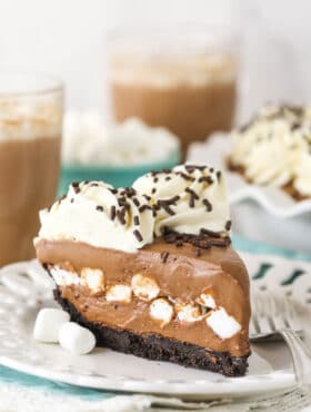 slice of Baileys Hot Chocolate Ice Cream Pie on white plate