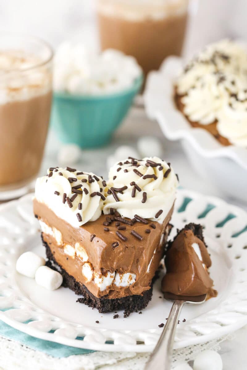 slice of Baileys Hot Chocolate Ice Cream Pie with a bite taken out