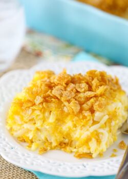 One serving of a cheesy hashbrown casserole on a white plate with fancy cutouts on the rim