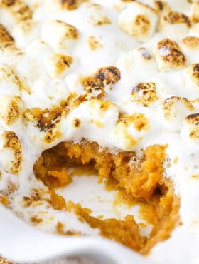 A warm sweet potato casserole topped with gooey toasted marshmallows inside of a white baking dish