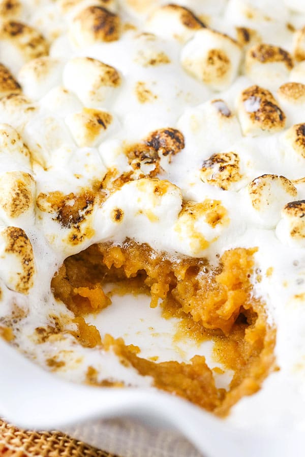 A warm sweet potato casserole topped with gooey toasted marshmallows inside of a white baking dish.