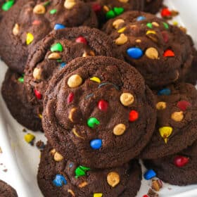 Peanut butter M&M chocolate cookies in a baking dish