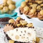 slice of cookie dough ice cream pie on a white plate