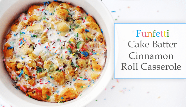 Cinnamon Roll Casserole in a white baking dish with words next to it on a white background