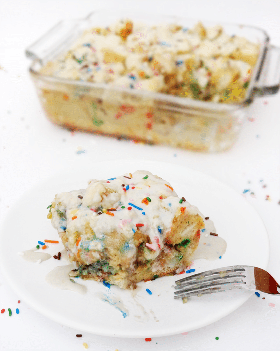 overnight funfetti cake batter french toast casserole {with rainbow chip icing}