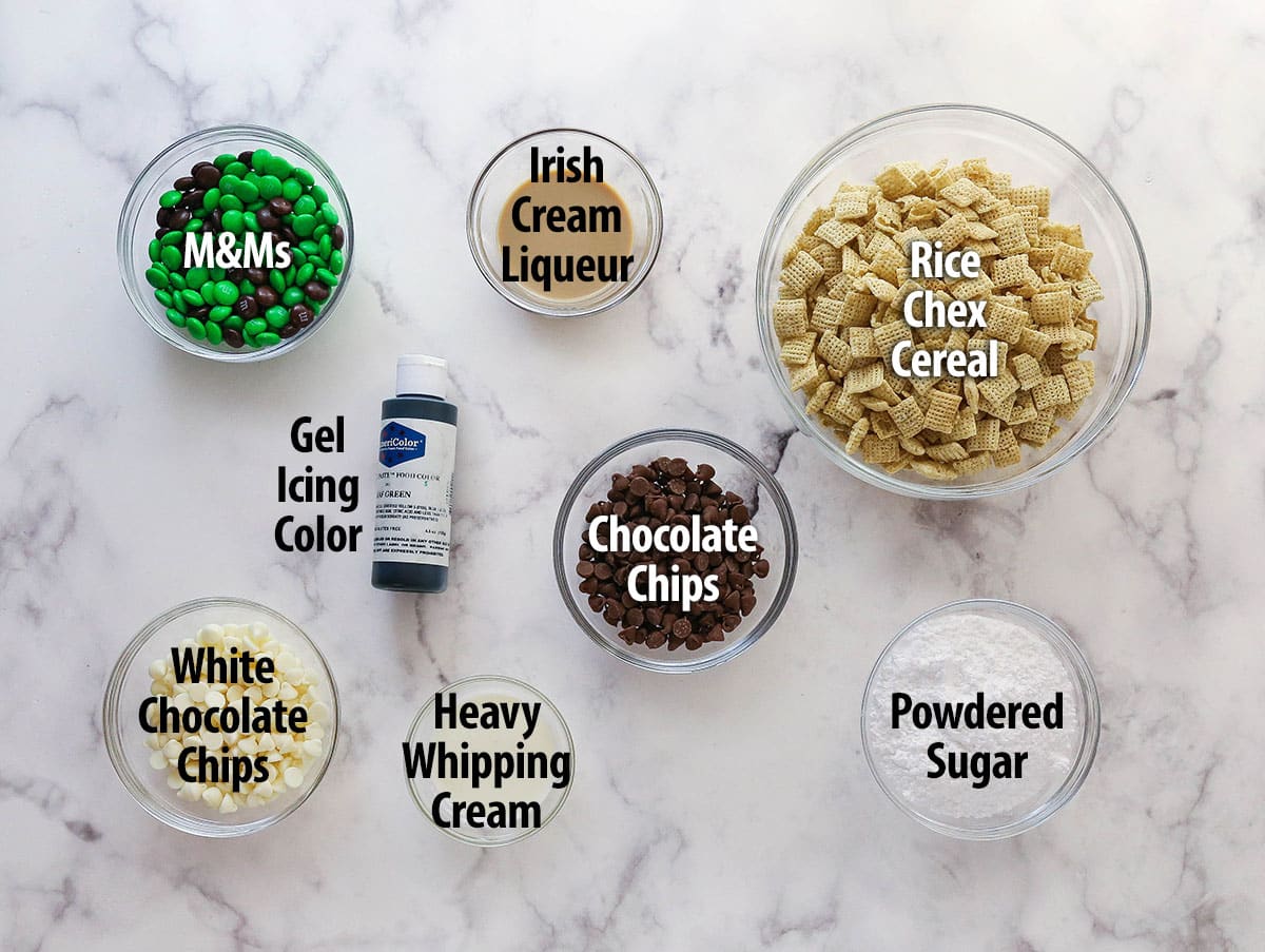 ingredients for baileys puppy chow on marble countertop