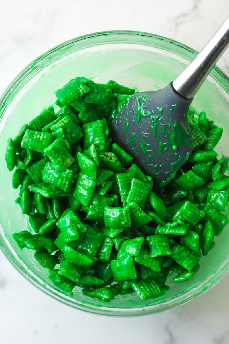 chex cereal with green tinted white chocolate mixed in