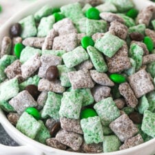 baileys puppy chow in white bowl on grey napkin
