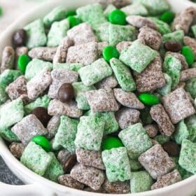 baileys puppy chow in white bowl on grey napkin
