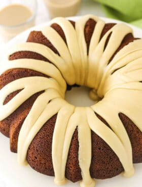 Baileys Irish Cream Bundt Cake with drizzled icing on top