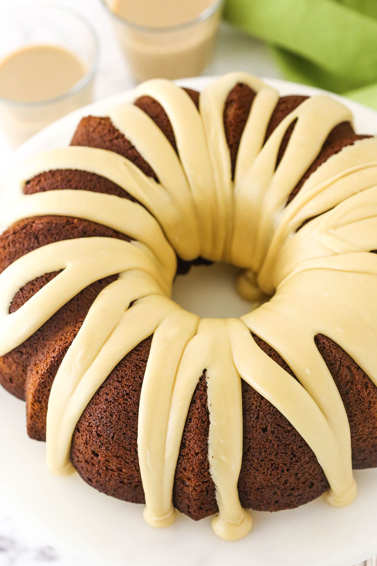 Baileys Irish Cream Bundt Cake with drizzled icing on top