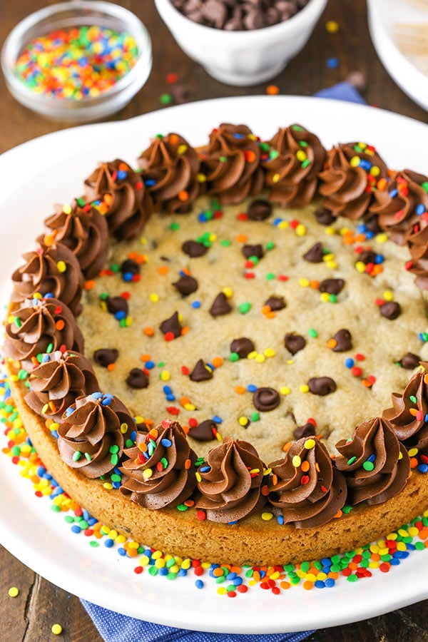 overhead image of full chocolate chip cookie cake