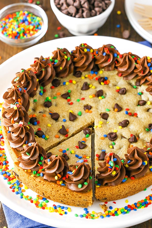 Overhead image of Chocolate Chip Cookie Cake with a slice cut