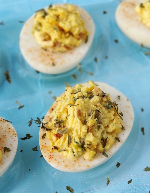 Deviled Eggs 2 Ways - traditional and bacon jalapeno with cilantro