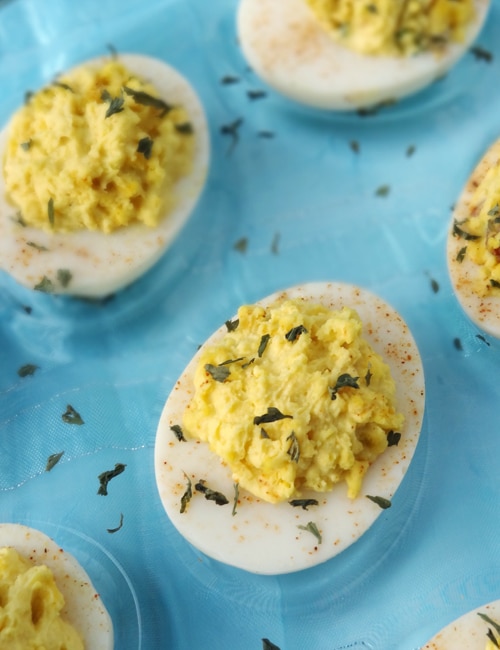 Deviled Eggs 2 Ways - traditional and bacon jalapeno with cilantro