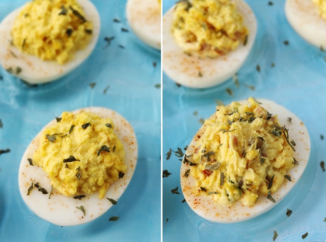 Deviled Eggs 2 Ways - traditional and bacon jalapeno with cilantro