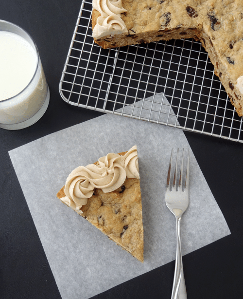 Thick and Chewy Oatmeal Raisin Cookie Cake! With Cinnamon Maple Icing!