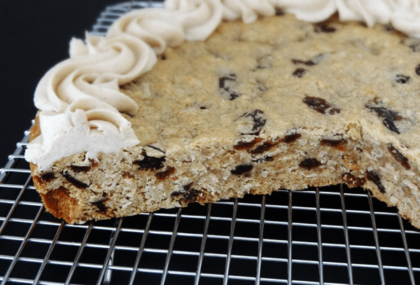 Thick and Chewy Oatmeal Raisin Cookie Cake! With Cinnamon Maple Icing!