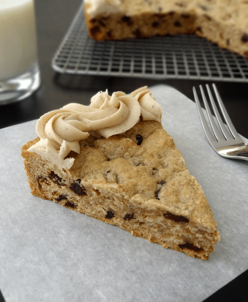 Thick and Chewy Oatmeal Raisin Cookie Cake! With Cinnamon Maple Icing!