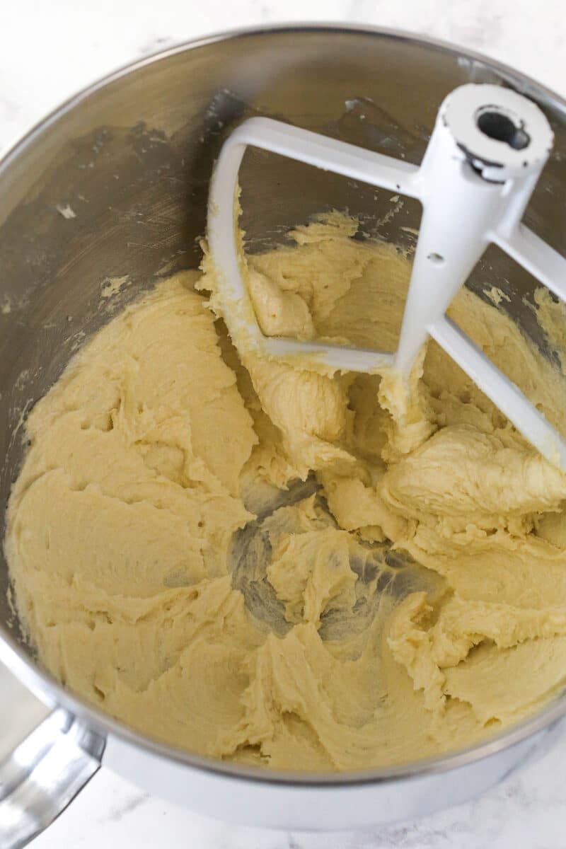 Creamed butter and sugars in mixing bowl.