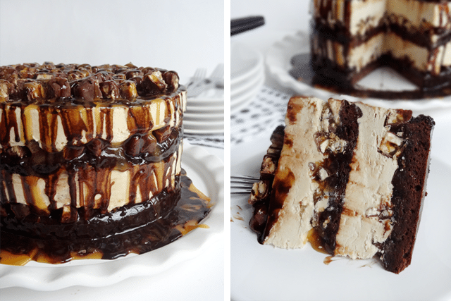 A Collage of Pictures of a Slice of Snickers Ice Cream Cake and the Whole Cake