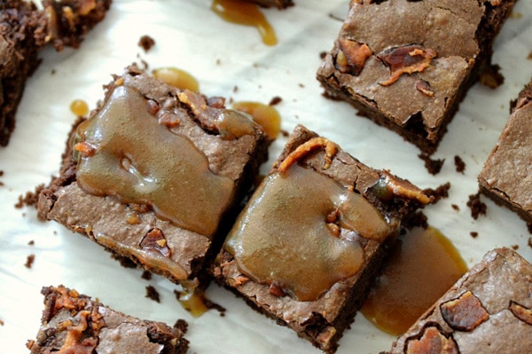 Bourbon Bacon Brownies with Bourbon Caramel Sauce by SheKnows