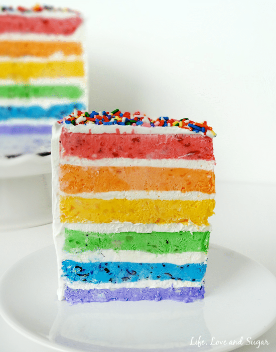 Skinny Rainbow Ice Cream Cake with Fresh Fruit (no ice cream maker!) by Life, Love and Sugar