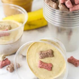 Frozen dog treats in plastic cups topped with little bones