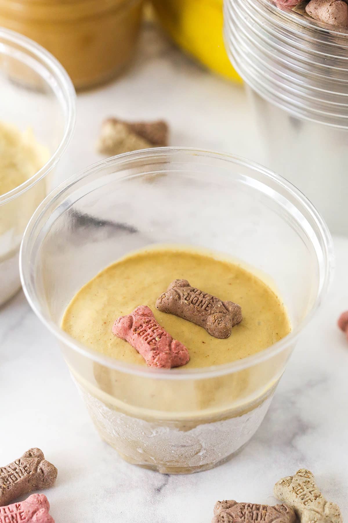 These Peanut Butter Banana Frozen Dog Treats are made with 2 ingredients in less than 5 minutes. The perfect summer doggy treat! A frozen dog treat in a plastic cup