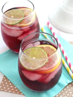 Red Wine Sangria in wine glass overhead view