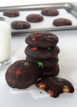 Chocolate Peanut Butter M&M Cookies stacked